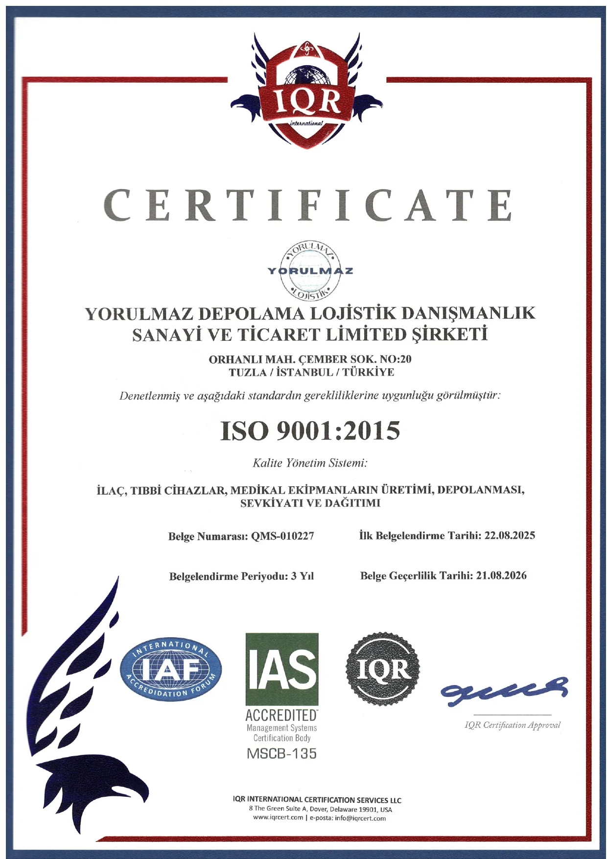 Yorulmaz Lojistik ISO 9001:2015 kalite sertifikası