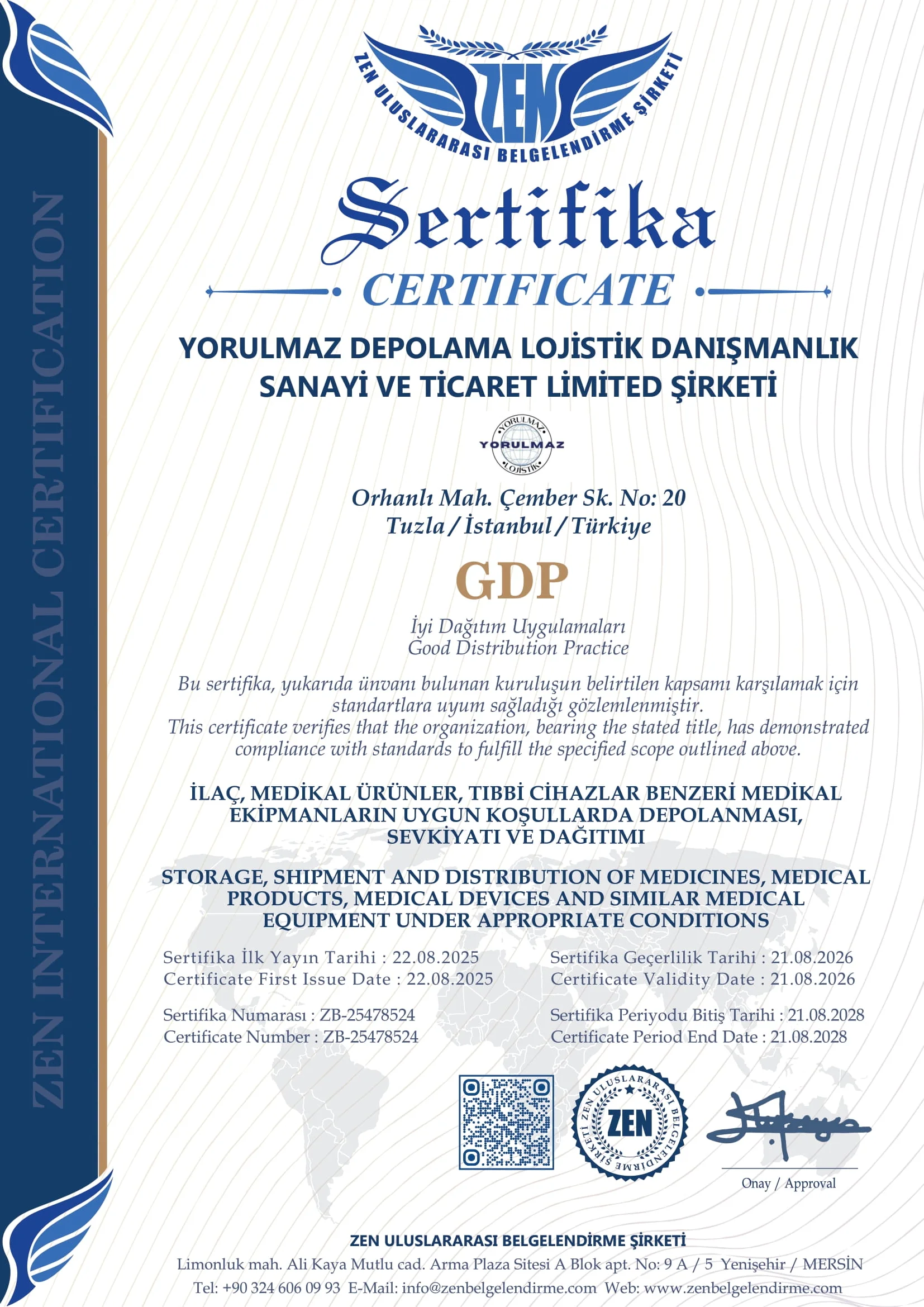 Yorulmaz Lojistik GDP Good Distribution Practices sertifikası
